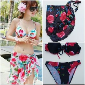 🎉 CLEARANCE 3-PC Floral Print Bikini with Matching Sarong Size 6
